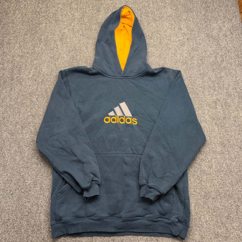 Adidas Vintage Pullover Hoodie Teal Blue Yellow Logo Mens XL/18-20